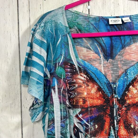 Cato Woman Colorful Sequins Butterfly Bright Festival Buttons Short Sleeve Top - Picture 3 of 14